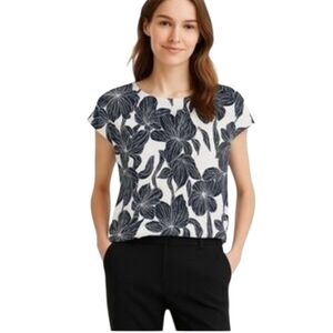NWT TAHARI 100% Luxe Linen Black And White Floral Back Button Down Pullover Top